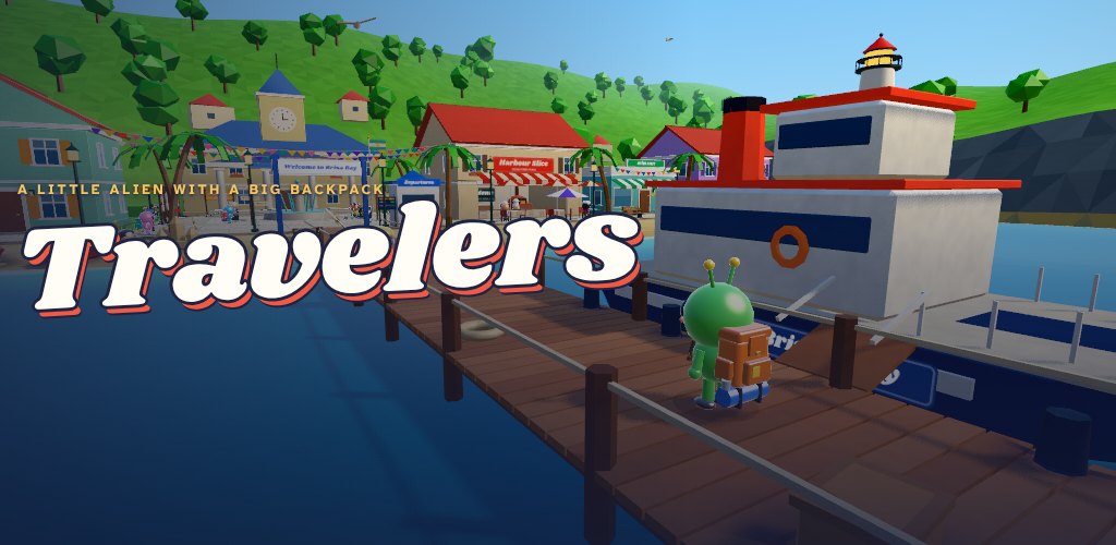The little alien stands on the jetty in Brisa Bay as the ferry comes in; the Travelers title floats over the water